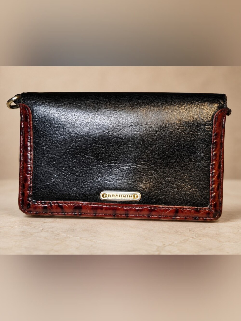Brahmin Ady Slim Wallet in Black Tuscan leather with Croc-Embossed Melbourne Tri